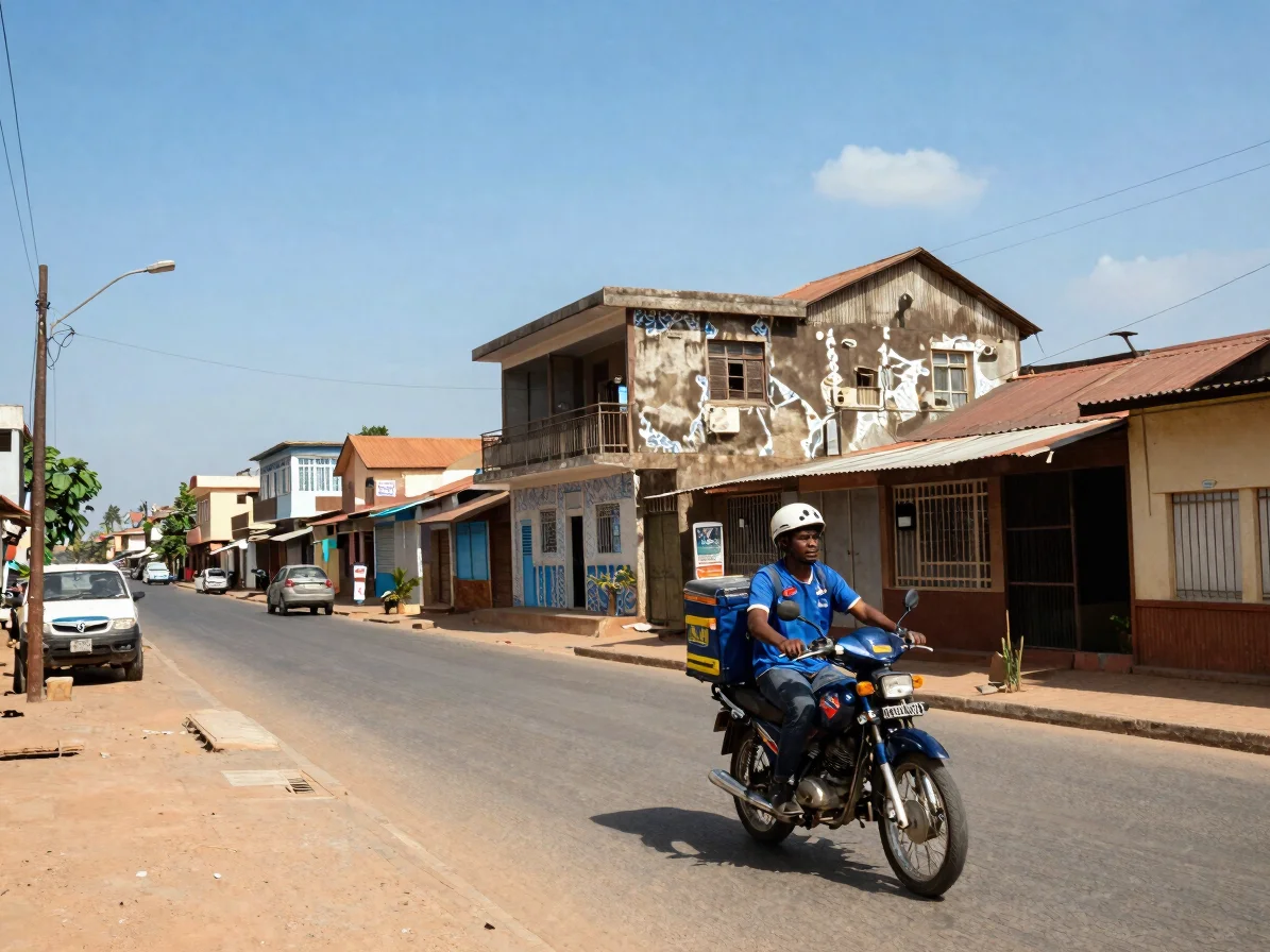 Rue animée d'un quartier de Cotonou avec une moto de livraison en